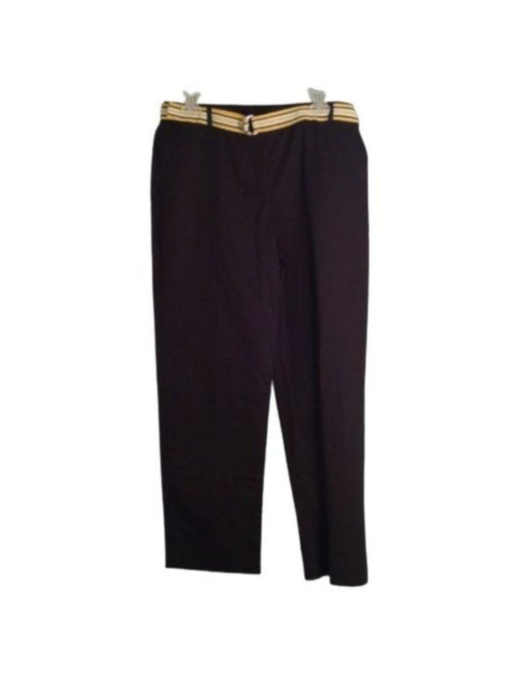 Liz Golf Audra Black Pants Yellow Striped Belt Size 10 Contour Sleek Fit NEW